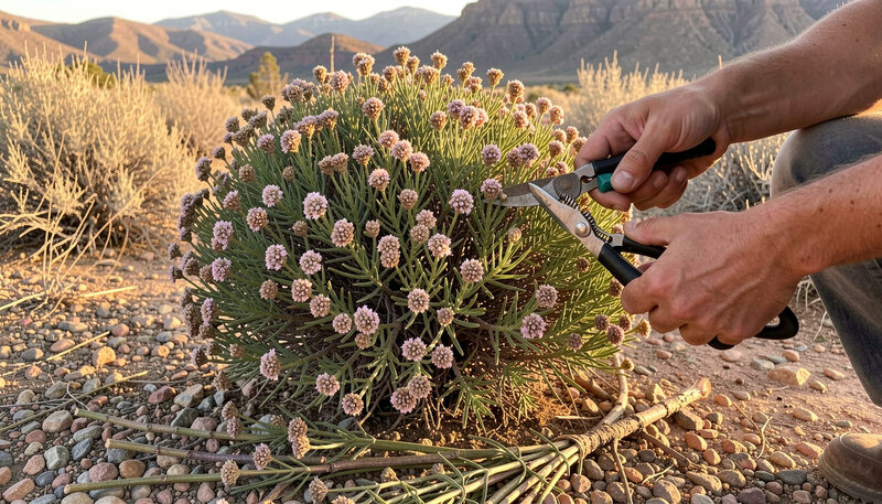 Hands holding small shears tidying the rounded crown of a low flowering shrub with cut stems lying on gravel below in late light